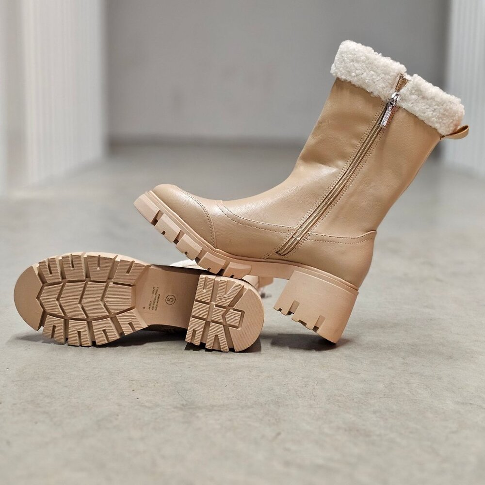 Chunky Nude Faux Leather Winter Boots With Faux Fur Lining & Block Heel - Picture 2 of 6